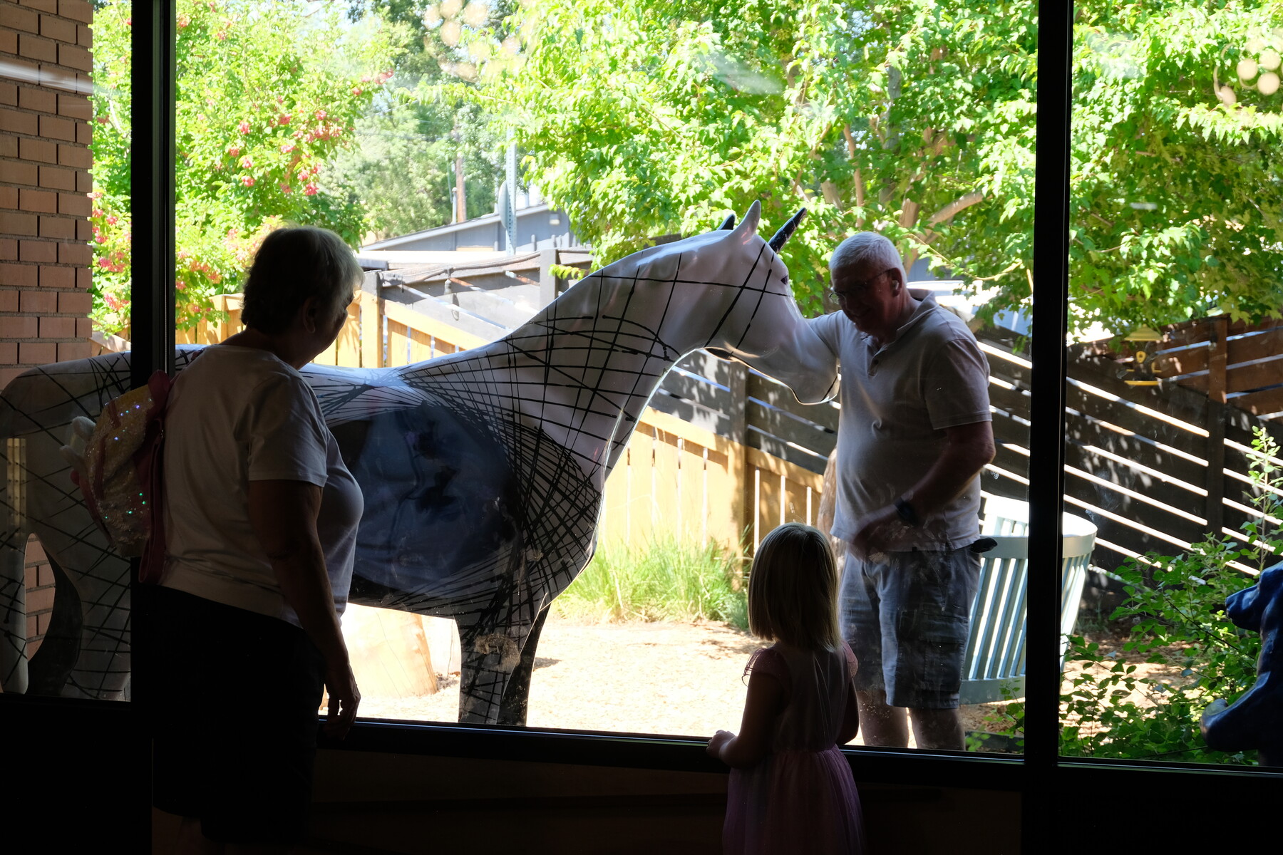 DSCF2285 Children and adults watching a horse through a large window.